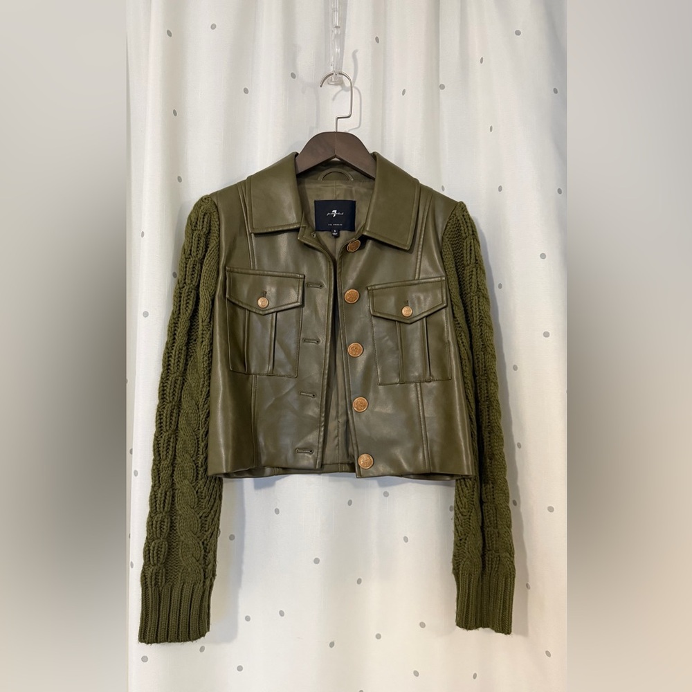 7 For All Mankind Olive Leather Jacket with Knit Sleeves